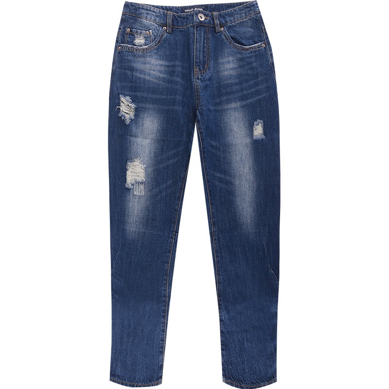 娅丽达女裤2019夏季新款破洞牛仔裤女薄款哈伦老爹九分小脚裤子女U2117B0