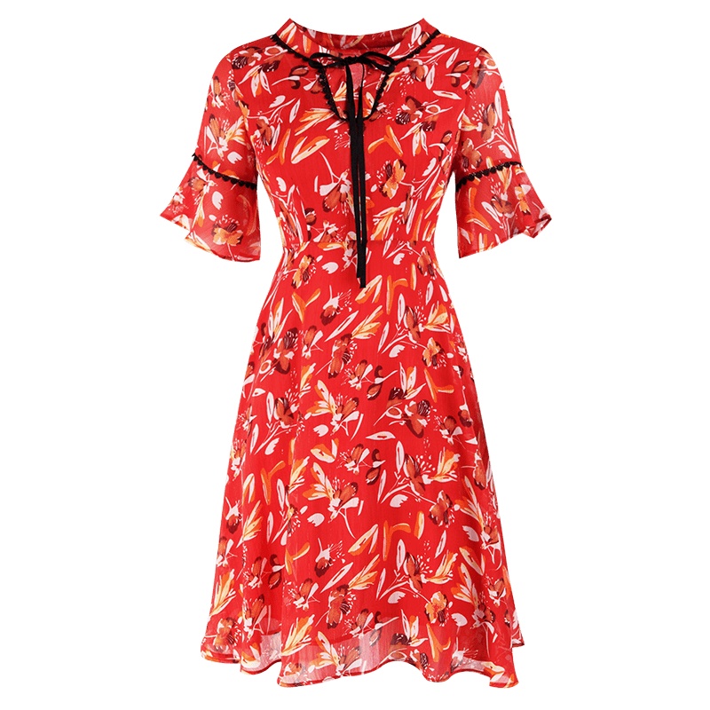 晩白 新品时尚通勤印花淑女系带圆领收腰A字雪纺连衣裙