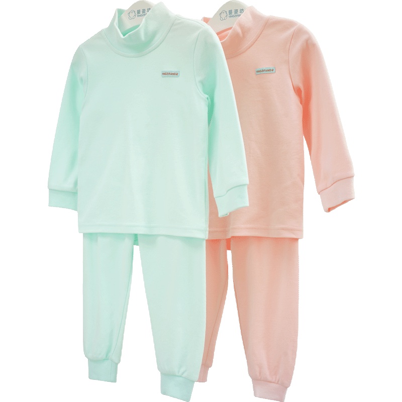 新款男童女童秋装时尚简约长袖套装纯色高领两件套