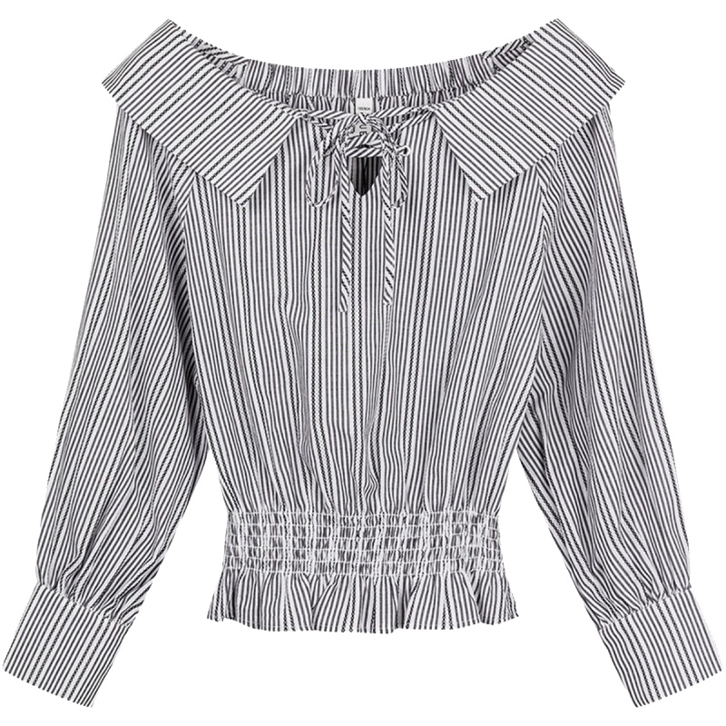 新款拉夏贝尔条纹短款衬衫女新款设计感小众收腰方领韩版宽松衬衣上衣20012798