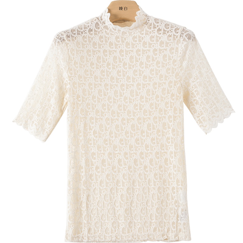 晚白2020秋季时尚通勤简约纯色气质立领短袖宽松直筒蕾丝打底衫女