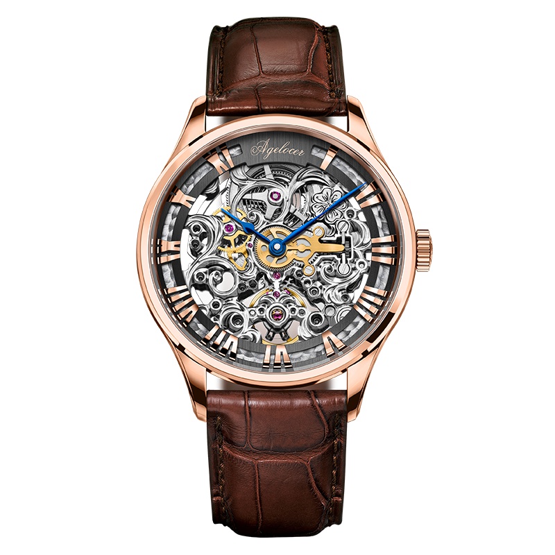 艾戈勒（agelocer）瑞士原装机械手表男雕花镂空全自动机械表 男士手表 超长动能时尚复古运动手表 博世 A5401