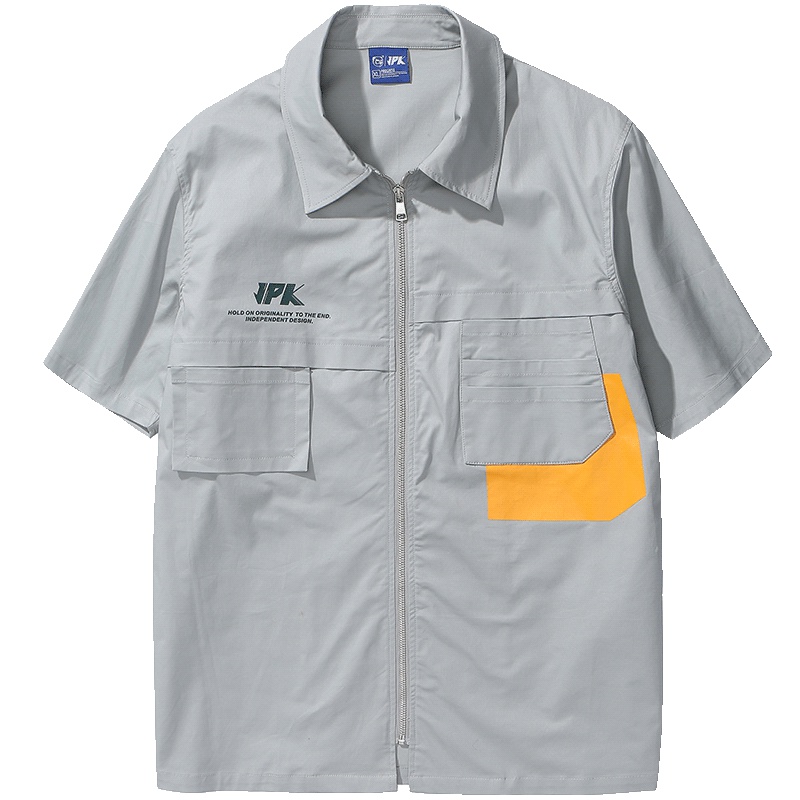 JPK原创潮牌男装宽松大码休闲灰色拉链衬衫男女情侣国潮短袖衬衫
