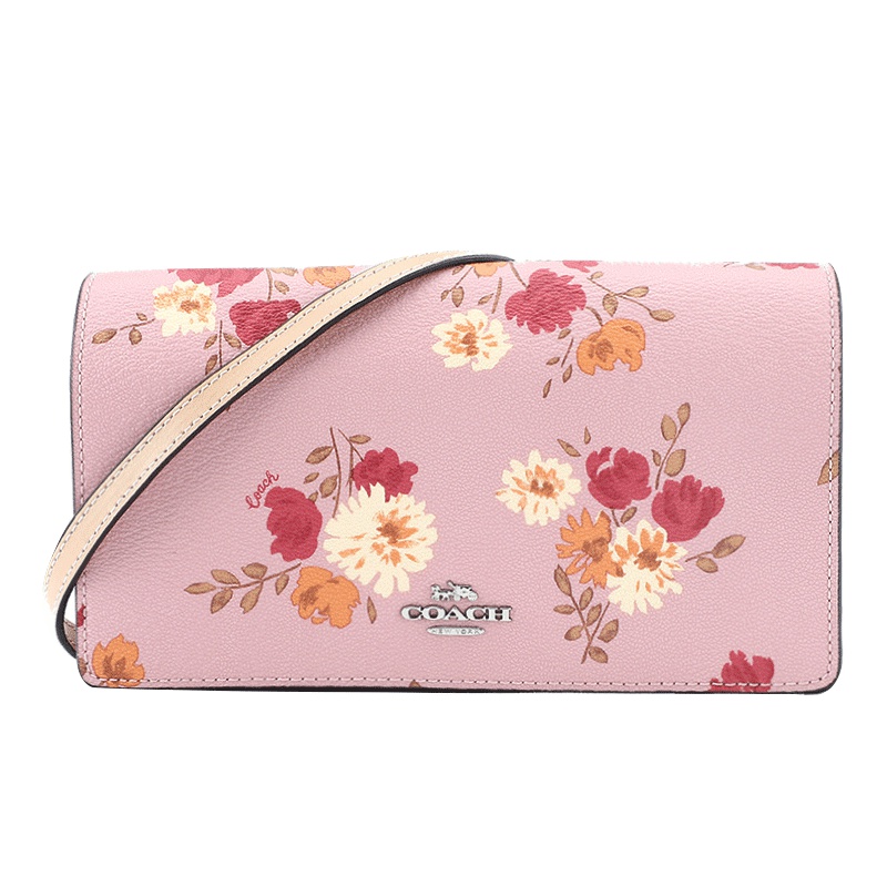 COACH 蔻驰 奢侈品 欧美时尚女士单肩包粉色印花皮革硬手拿包盖式斜挎两用包