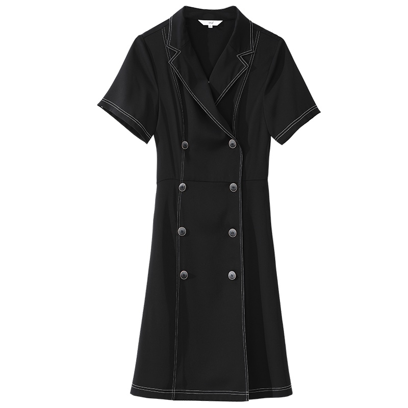 OSA黑色OL职业双排扣西装连衣裙女夏季2020年新款中长款正装裙子