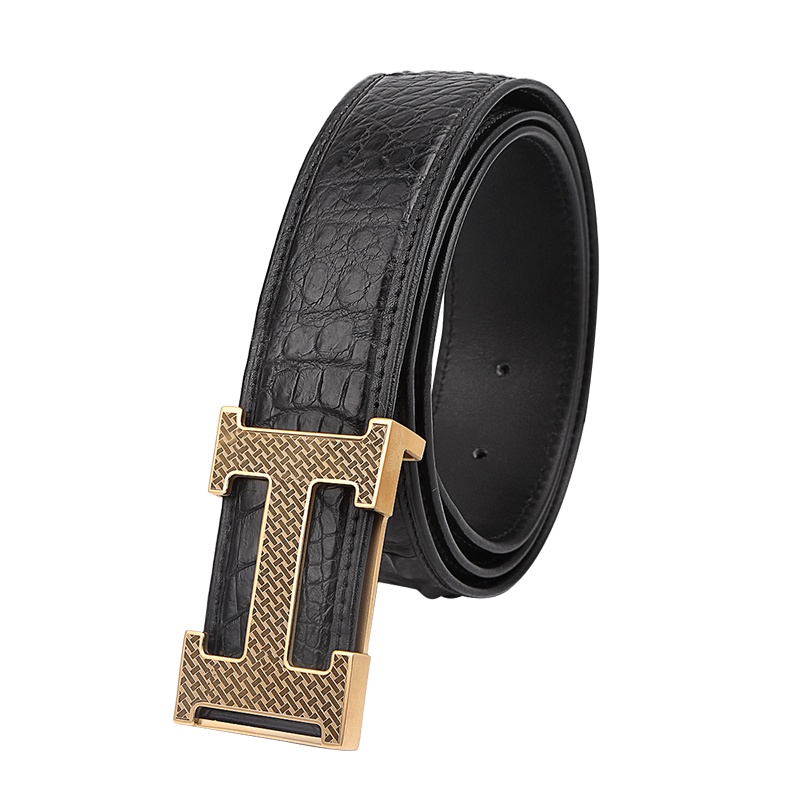 鳄鱼皮男士皮带男式皮带鳄鱼皮板扣男士裤带男式裤带鳄鱼皮男士裤腰带鳄鱼皮男式裤腰带PD181233-1J金色