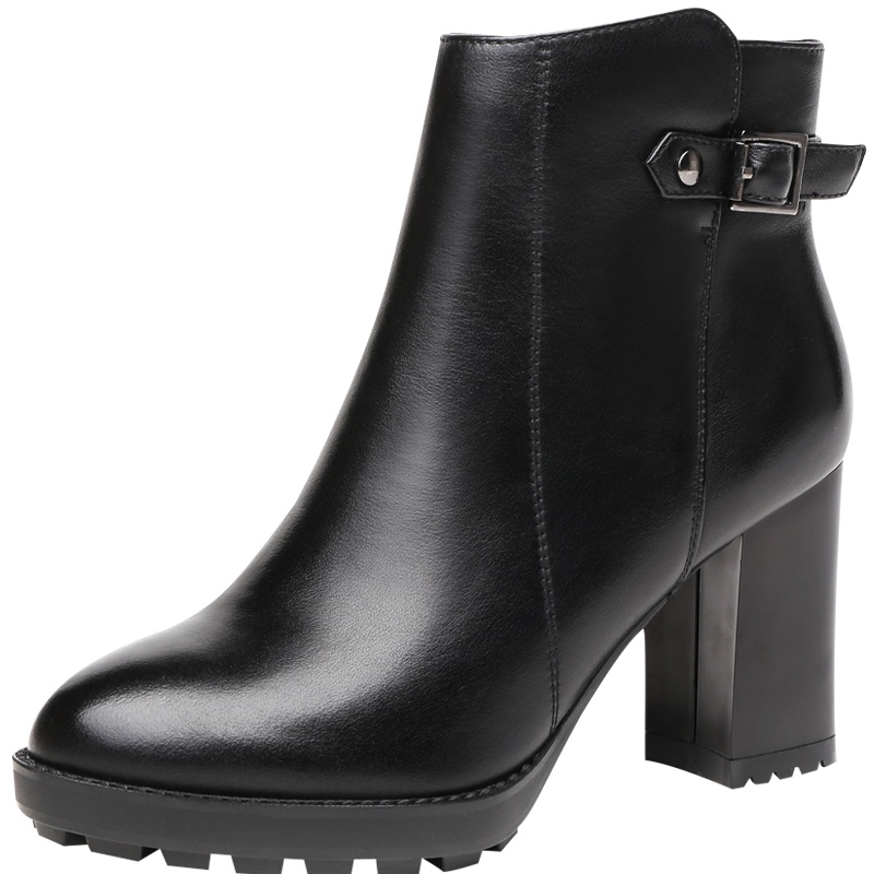 红蜻蜓女鞋冬新款真皮英伦高跟马丁靴厚底加绒保暖短筒靴棉鞋