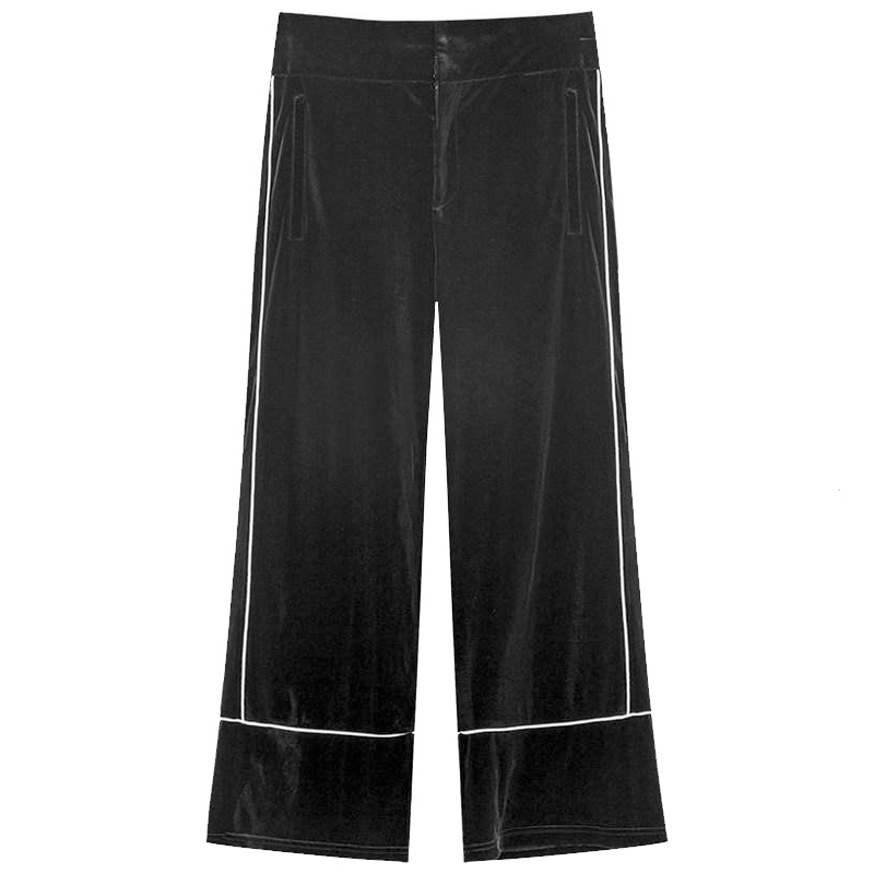 拉夏贝尔拉贝缇金丝绒阔腿裤女高腰垂感夏装新款宽松直筒休闲裤子九分_646 S 黑色