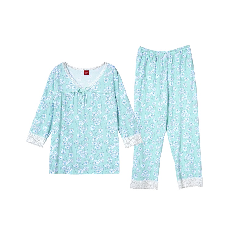 雪仙丽春夏款睡衣女士套装短袖韩版蕾丝花边宽松粉色家居服可外穿