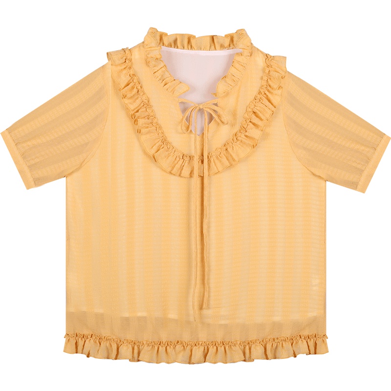 雪纺衫女韩版超仙2019新款很仙的上衣洋气短袖木耳边衬衫小清新