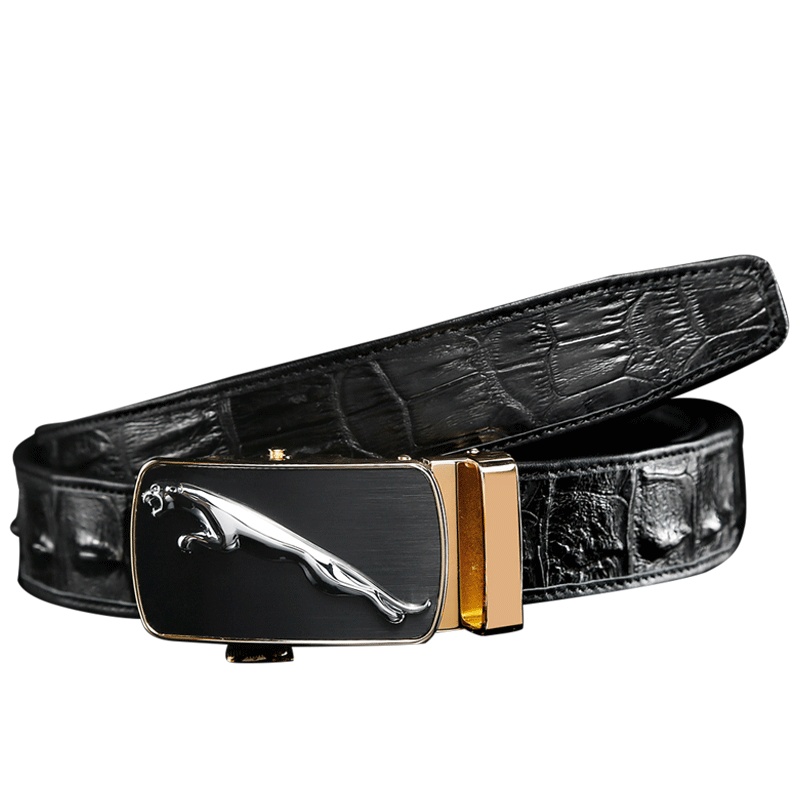 ZAQEEN脊背皮男士皮带 豹自动扣头 青年时尚商务黑色腰带xxl 中年大码黑色扣裤腰带