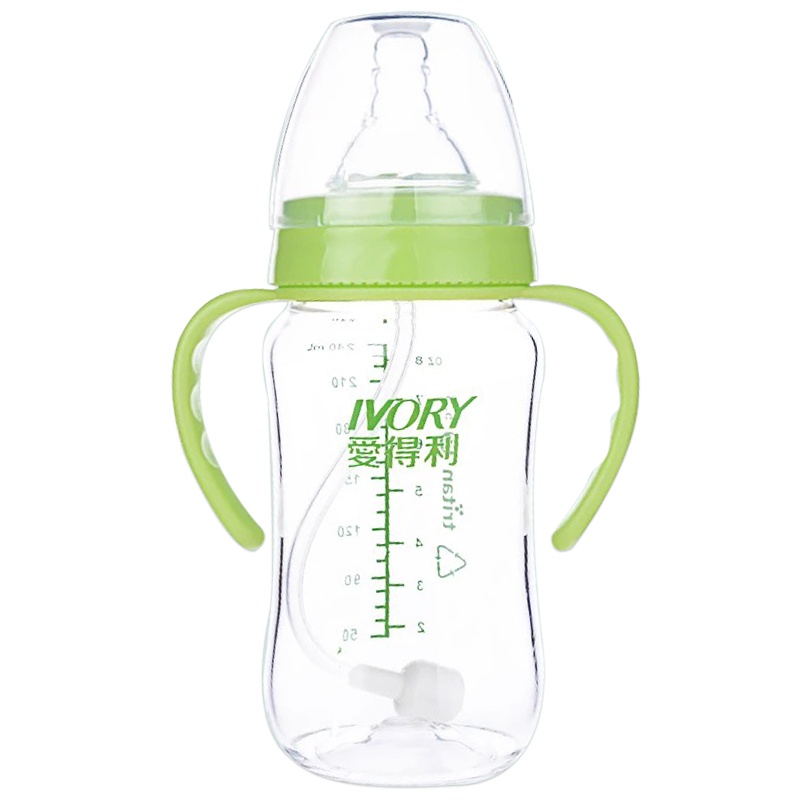 爱得利IVORY婴儿宝宝耐摔奶瓶宽口径带手柄塑料自动吸管特丽透Tritan奶瓶240ml 绿色