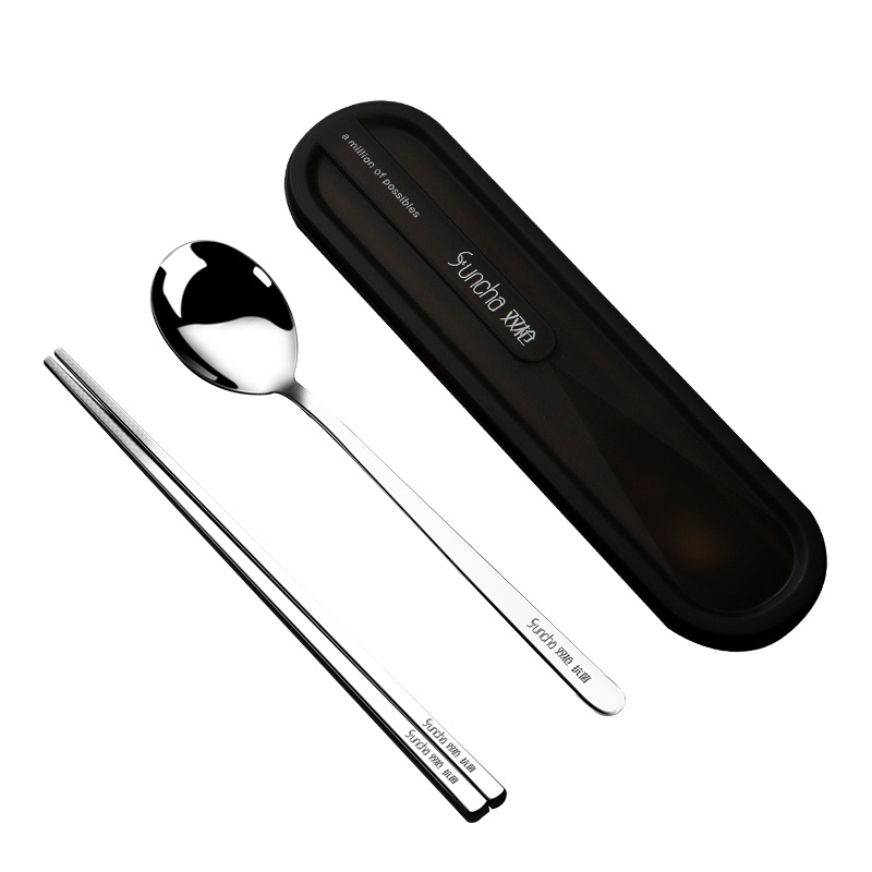 双枪抗菌304不锈钢筷子勺子套装单人装便携餐具盒两件套学生收纳盒DK60202