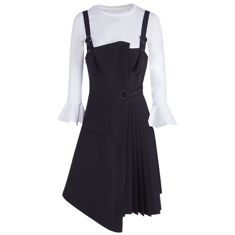 晚白2019秋季新品套装裙圆领喇叭袖T恤百褶不规则吊带裙两件套女