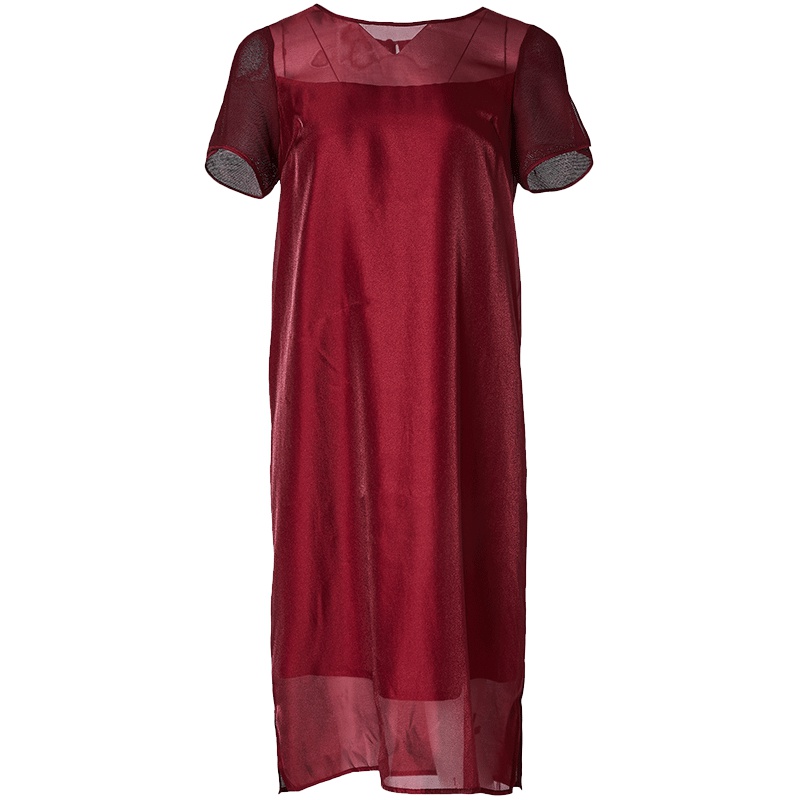LIEDOW/蕾朵2019夏季酒红色短袖气质简约中长款连衣裙女欧根纱裙