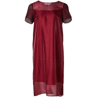 LIEDOW/蕾朵2019夏季酒红色短袖气质简约中长款连衣裙女欧根纱裙