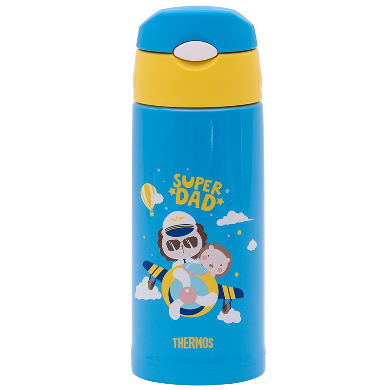 膳魔师(THERMOS)孕婴童保温杯FFG-603WF蓝黄撞色儿童吸管杯带杯套双盖大容量儿童水杯多功能保温壶 600ML