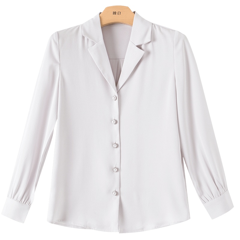 晚白2020秋季新品淡雅纯色翻领长袖常规款休闲职业上衣衬衫衬衣女