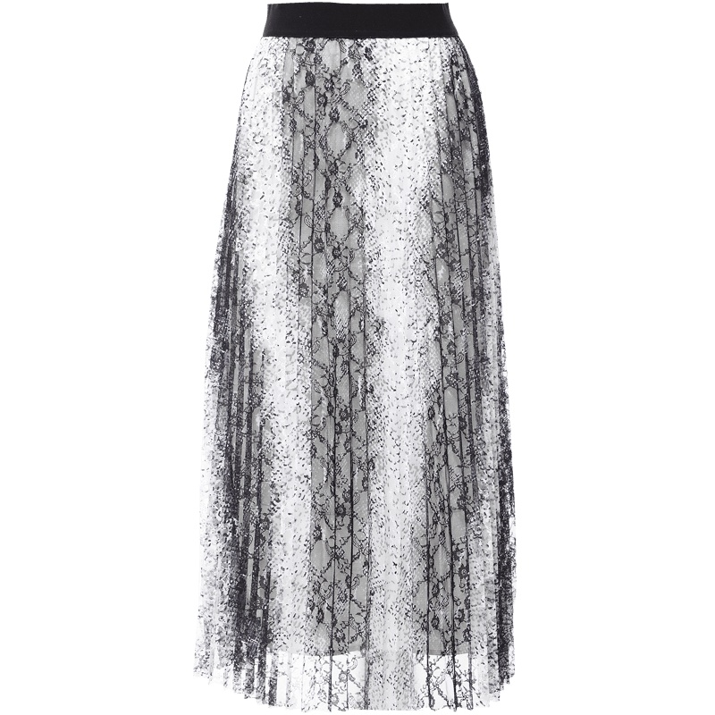 欧昵雪秋冬镂空蕾丝半身裙女中长款松紧高腰百褶A字裙子