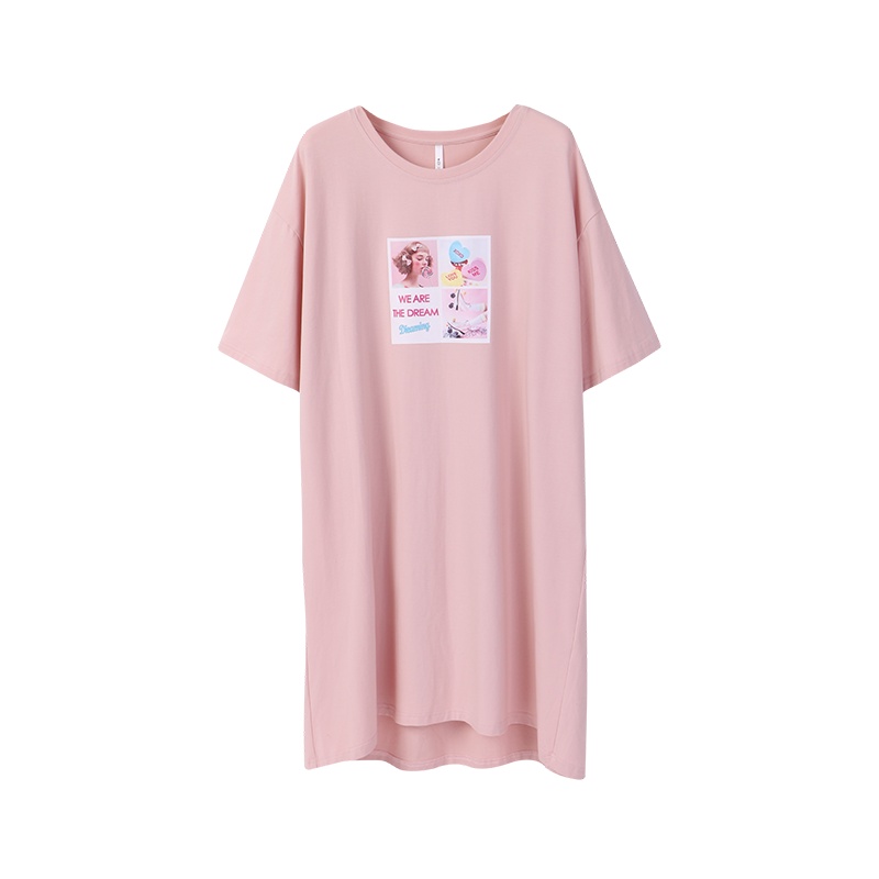 安之伴睡衣女夏季冰爽棉素色插印花圆领女裙