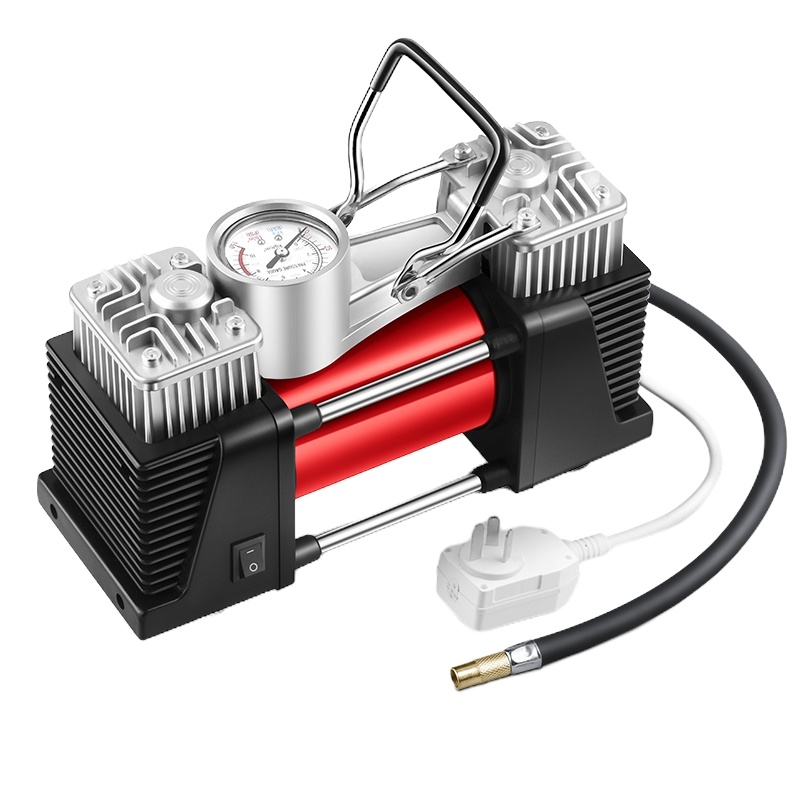 舒适主义汽车充气泵220v家用车载两用大功率高压打气泵12v轮胎电动加气筒 12v双缸机械表标准版红色(可打5个压)