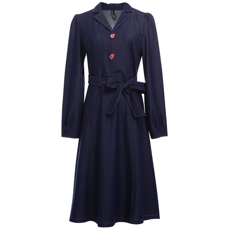 欧昵雪翻领收腰仿牛仔布显瘦连衣裙女修身长袖a字裙