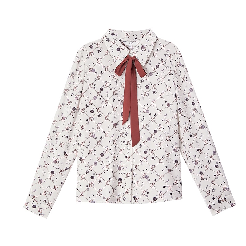 OSA女士白色印花长袖雪纺衬衫上衣秋装2021年新款设计感小众衬衣