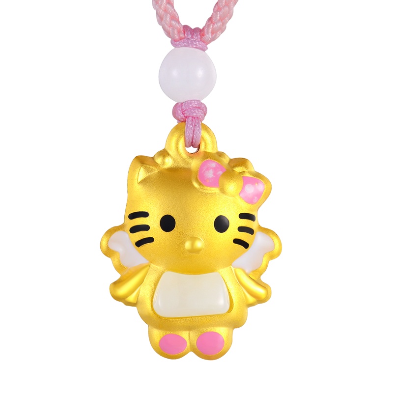蒂蔻 可爱粉红KT萌猫金镶玉吊坠宝宝款百天周岁出生礼送婴儿生日送小女孩凯蒂猫编织绳