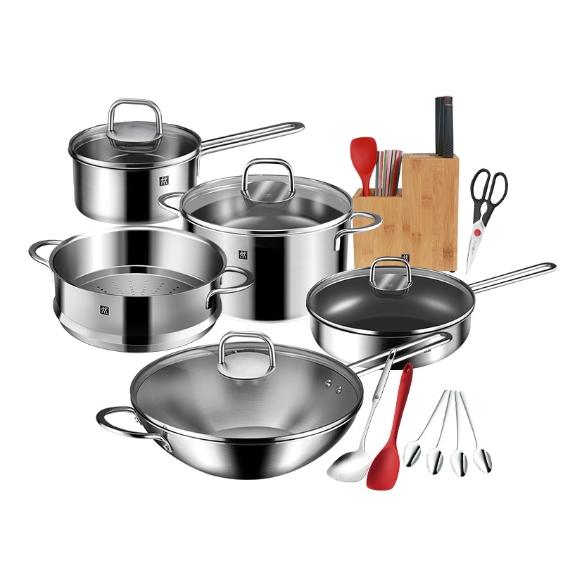 德国双立人炒锅不粘锅具套装7件套厨房不锈钢刀具平底锅不粘煎锅家用厨具刀具全套切菜刀赠铲子