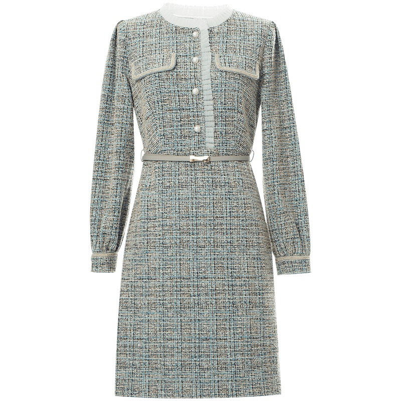 OUNIXUE欧昵雪 | [小香风粗花呢裙子]秋冬季压褶拼接圆领可拆卸皮带连衣裙女