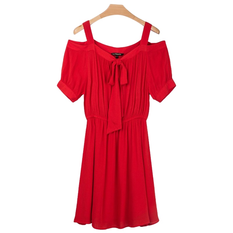 [LT新款]拉夏贝尔纯色连衣裙女装夏季新款高腰露肩收腰气质中长款裙子