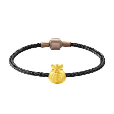 GZUAN古钻珠宝 福袋 黄金足金3D硬金转运珠男女款黑绳手链手串 JXYJS0007