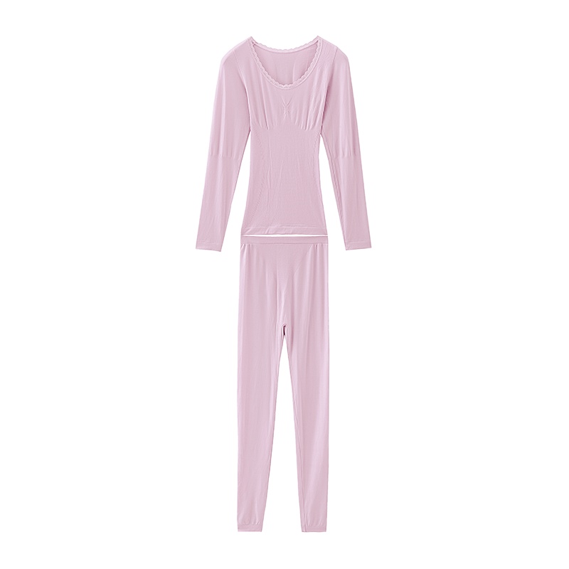 都市丽人简约修身圆领蕾丝花边薄款弹性收腹纤腰秋衣秋裤女士保暖内衣套装