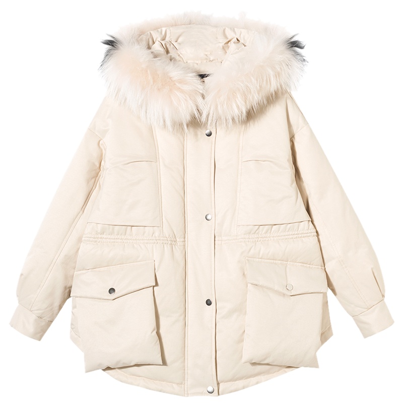 伊布都ibudu2019冬季新款貉子毛领羽绒服宽松白鸭绒派克服外套女