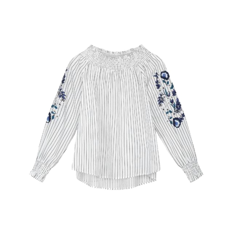 拉贝缇夏季衬衫新款条纹刺绣一字露肩性感上衣长袖女学生韩版宽松60006132