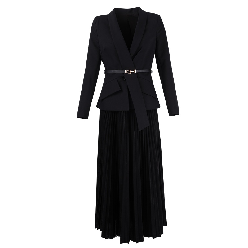 晚白2020春季新品套装裙纯色西装外套松紧高腰百褶半身裙两件套女