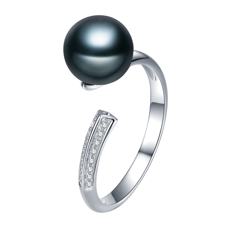 brir佰色传情正圆8-9mm高亮泽大溪地黑珍珠戒指18K金钻石正品