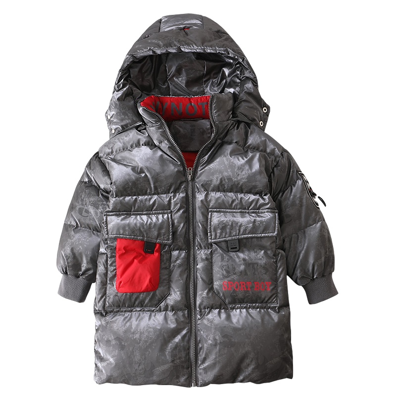 鸭鸭90%鸭绒时尚拼色防风保暖连帽男童中长款羽绒服