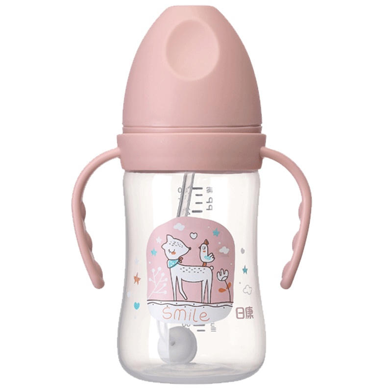 日康 宽口径有柄自动奶瓶 240ml 十字孔奶嘴 PP材质 RK-3129[粉色]