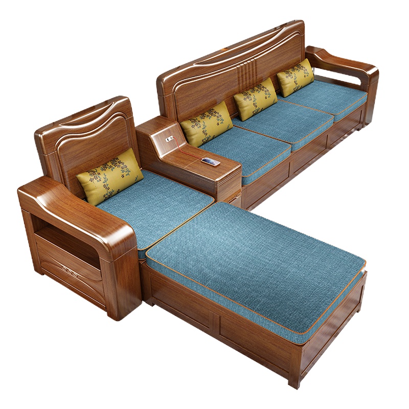 胡桃木实木沙发组合新中式冬夏两用带储物贵妃转角客厅小户型家具