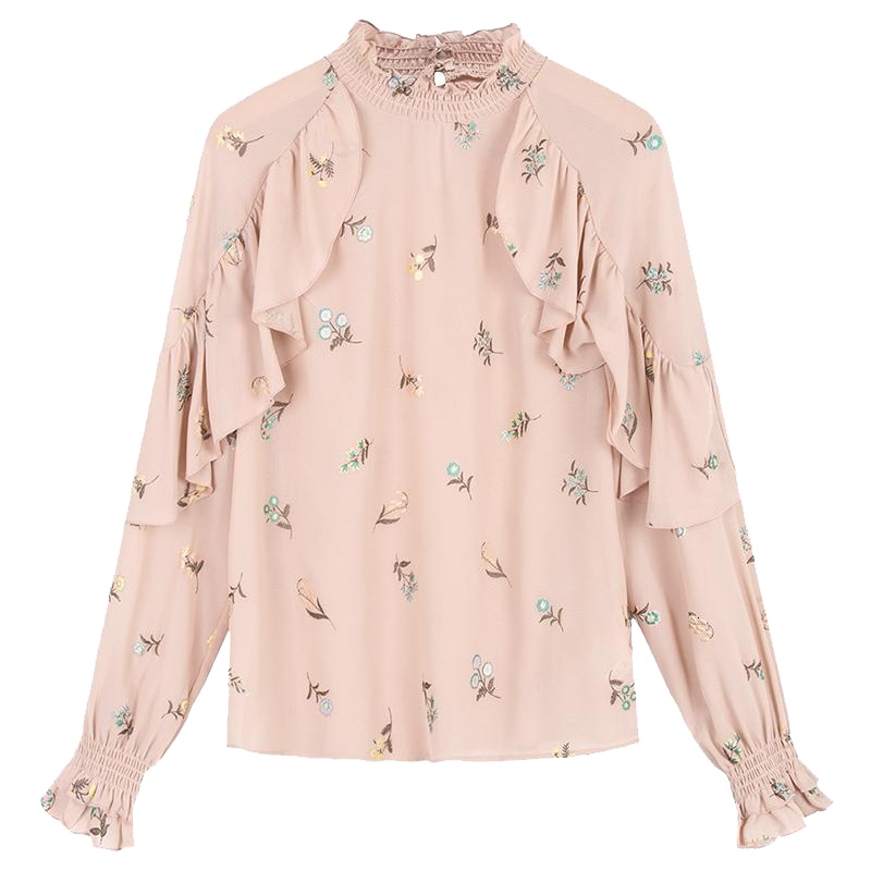 【专柜同款】荷叶袖衬衫女装2019春季新款复古法式chic设计感小众长袖碎花衬衣20011651