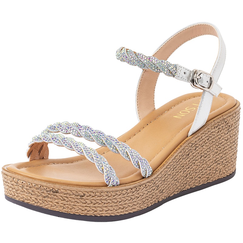 百田森一字带凉鞋女新款坡跟水钻凉鞋女夏季甜美厚底沙滩凉鞋