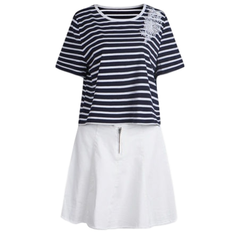 【福利款】拉夏贝尔春季新款牛仔短裙五分袖条纹T恤短袖圆领套装女10009381