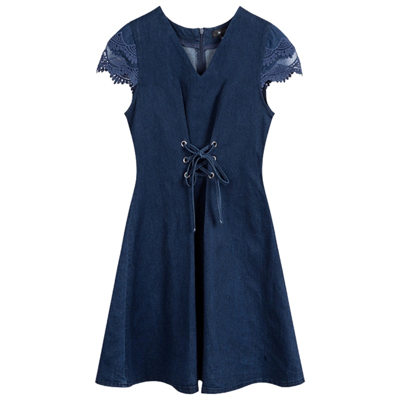 【专柜同款】拉夏贝尔夏新款韩版收腰修身显瘦法式复古花瓣边连衣裙70009555 深牛仔蓝 S