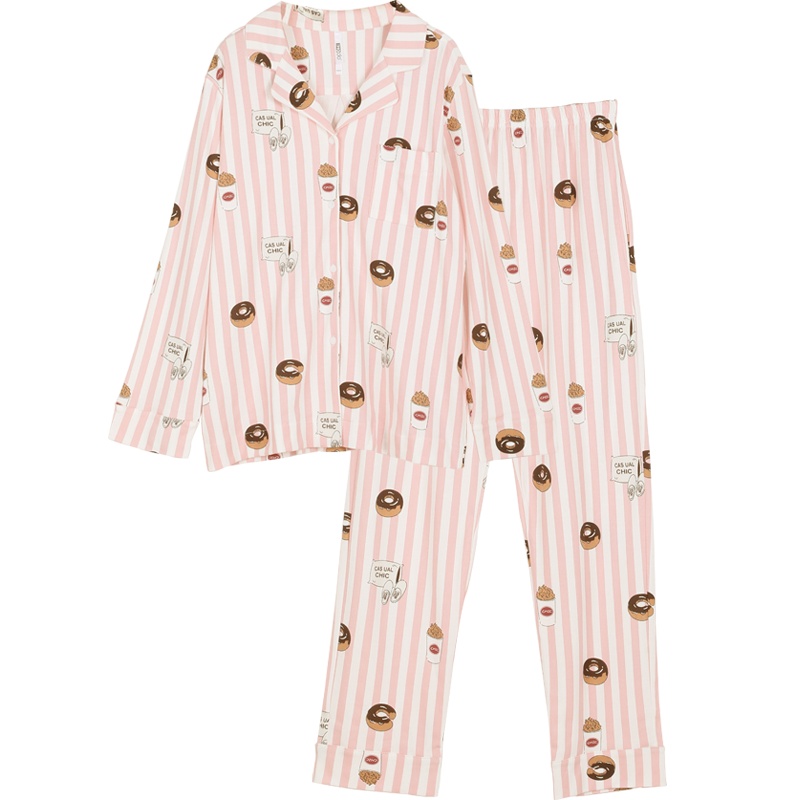 红豆(HODO)纯棉情侣男士女士长袖睡衣套装男女式卡通条纹家居服