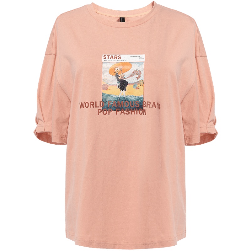 欧昵雪夏季休闲圆领人像字母烫图显瘦T恤女短袖纯棉上衣