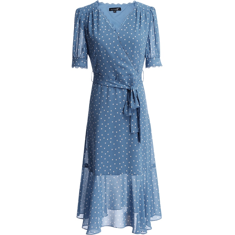 欧昵雪夏气质V领短袖蝴蝶结系带高腰鱼尾裙女雪纺连衣裙