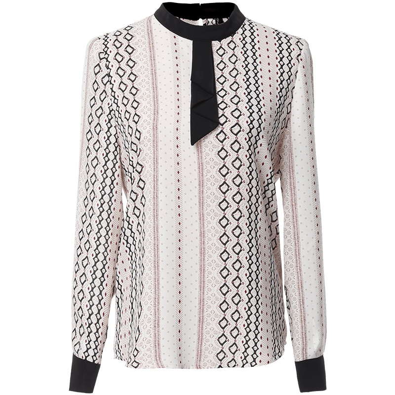 欧昵雪秋装撞色飘带圆领套头衬衫女长袖上衣花色时尚小衫