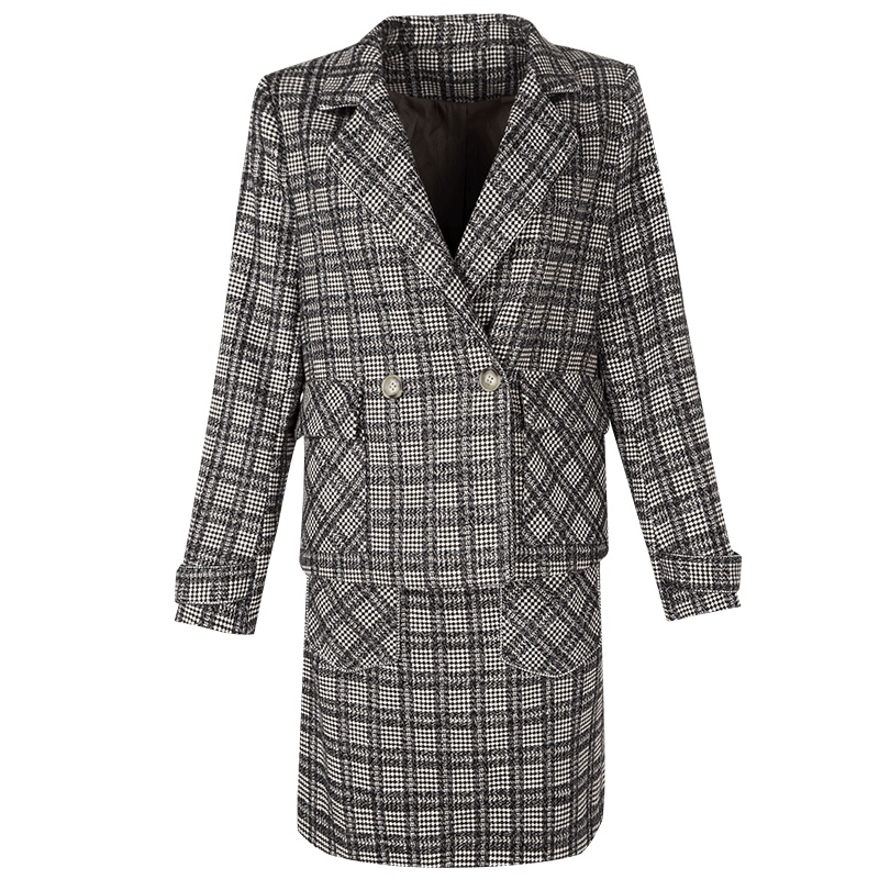 晚白2020冬季新品两件套西装小外套半裙英伦格子时尚毛呢套装裙女