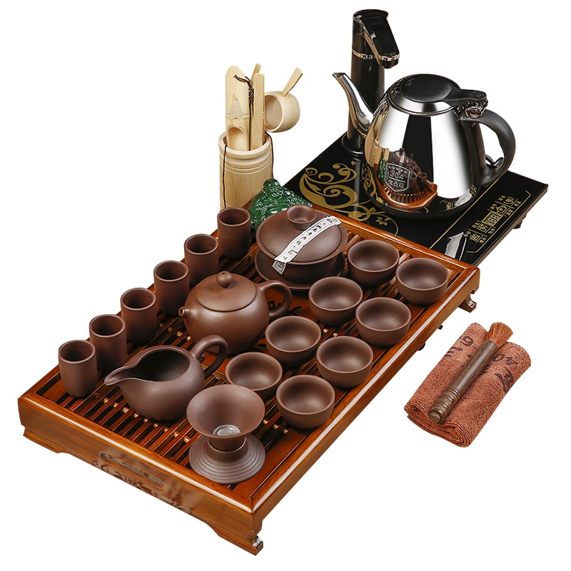 常生源 茶具套装 整套紫砂功夫茶具 三合一电热炉 柯木实木茶盘 茶缘如意紫砂套装